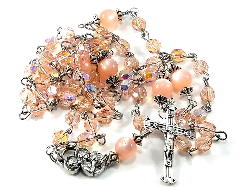 Handmade Pink Five Decade Rosary,  Stainless Steel Wire, Vintage Moonglow Beads